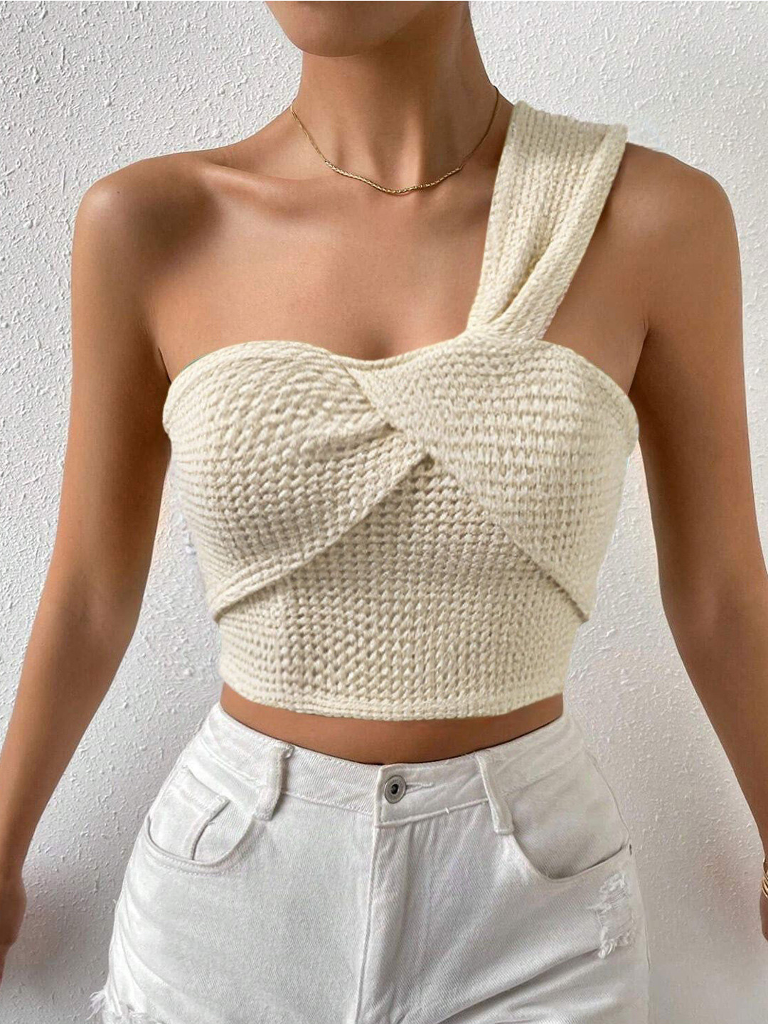 Outzidr Women Textured Knit One Shoulder Twisted Crop Top