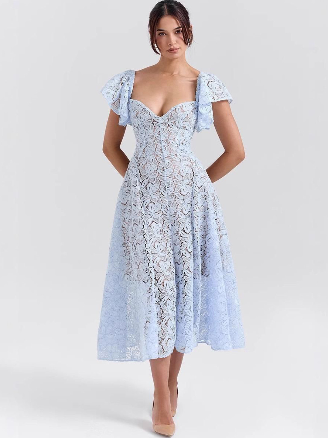 Miss Mosa By Akanksha  Blue Tena Luxury Lace Midi Dress