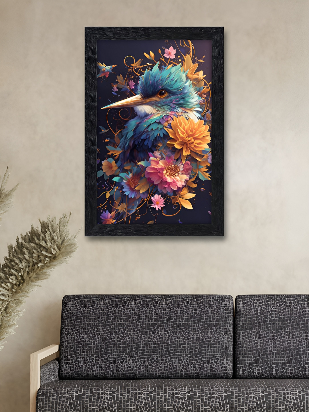 Myntra Elegant Homes Black & Blue Floral Bird Printed Wall Art