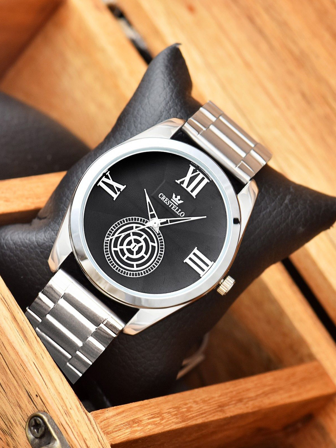 CRESTELLO Men Round Dial & Stainless Steel Bracelet Style Analogue Watch CR-GR248-BLK-CH