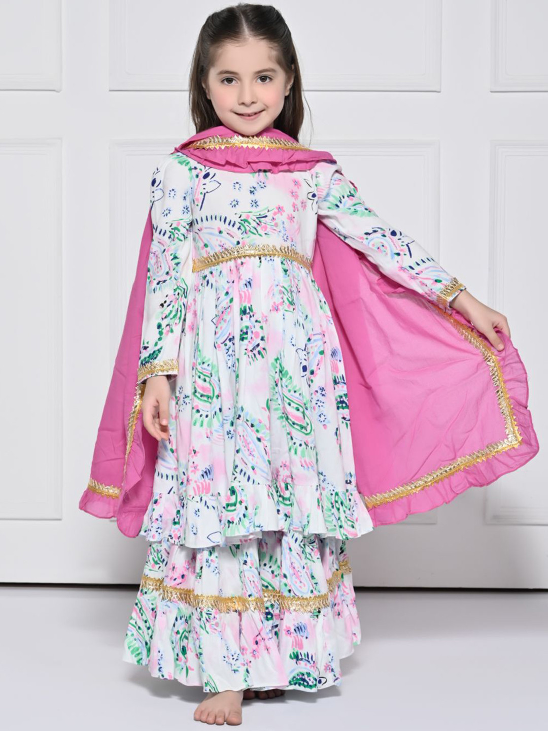 THE PONY & PEONY CO. Girls Floral Printed Kurta With Palazzo & Dupatta