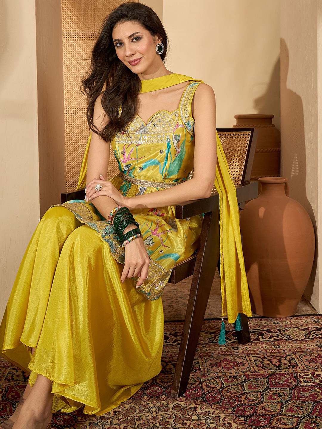 Sangria Women Floral Printed & Embroidered A-Line Short Kurti & Palazzo with Dupatta Set