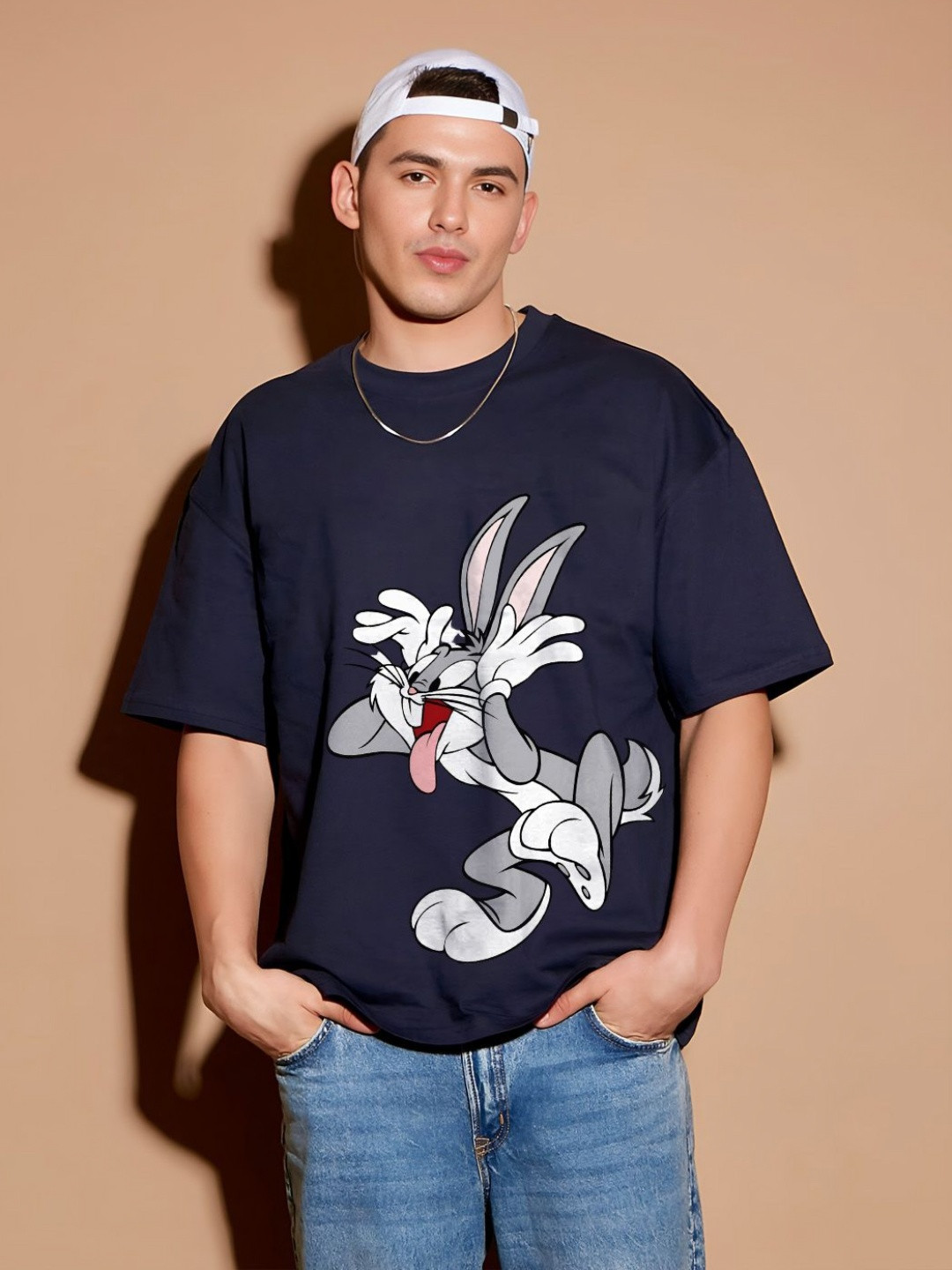 BDSQUARE Men Bugs Bunny Character Printed Round Neck Cotton Oversized T-shirt