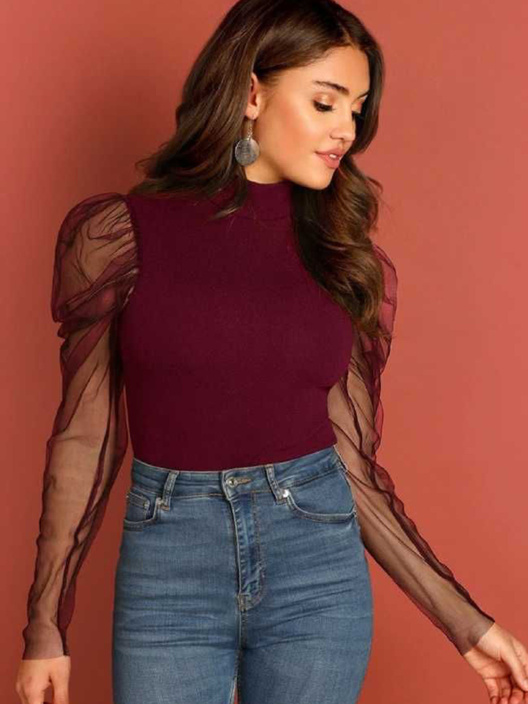 TANDUL-2840 Women High Neck Puff Sleeves Top