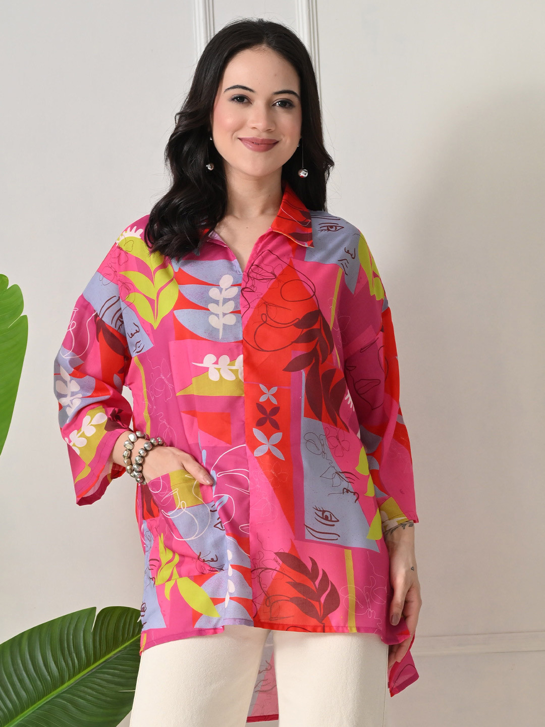 YELLOW PARROT Women Printed Shirt Collar Pure Cotton High-Low Top