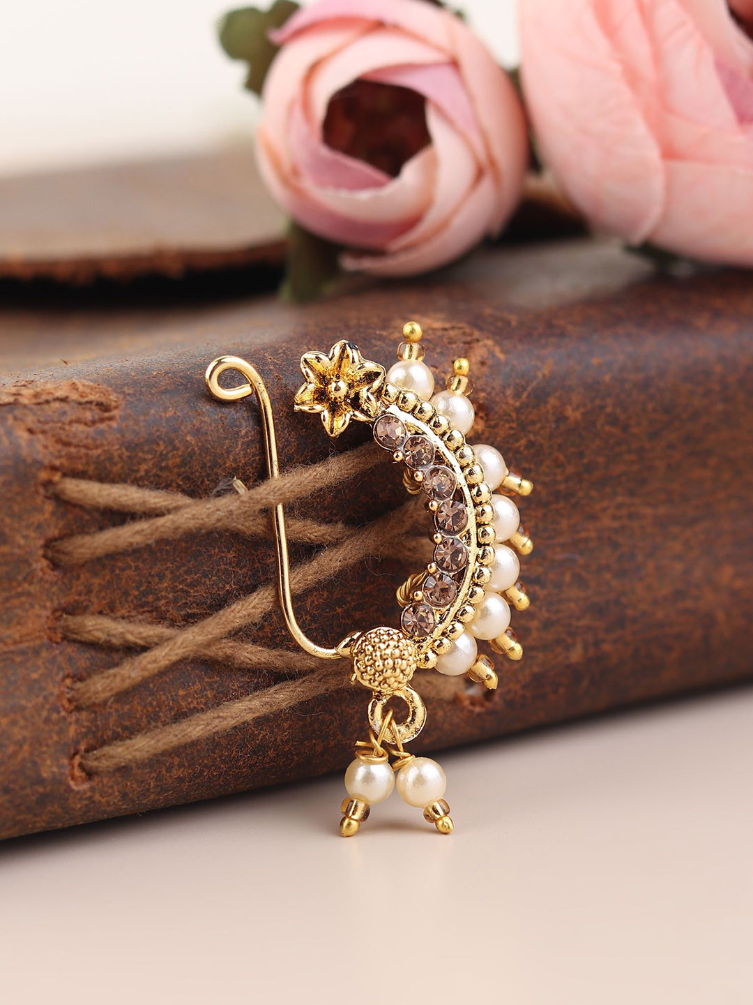 FLINGDOM Sterling Silver Artificial Stones Studded & Beaded Maharashtrian Stud Nosepin