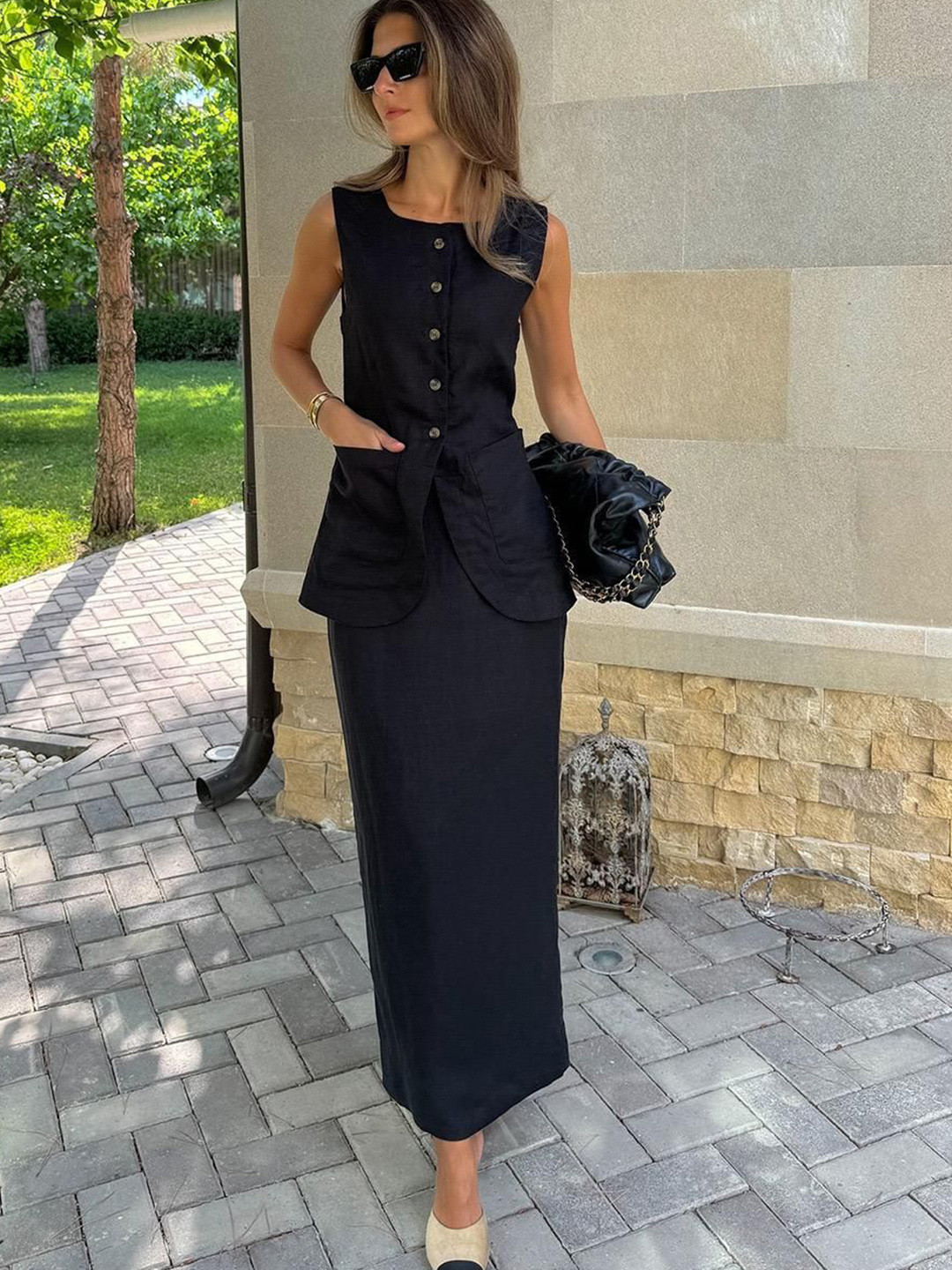 Miss Mosa By Akanksha  Geneva Statement Linen Vest Suit With Skirt In Black