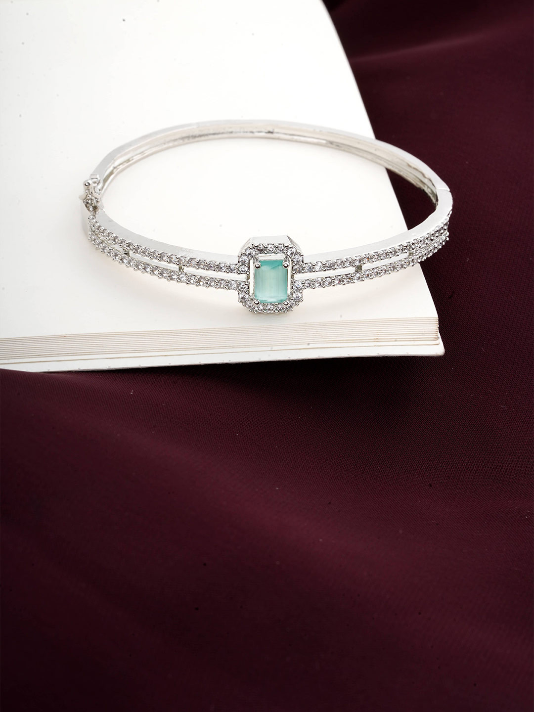 STYOLLO Women Enamelled Silver-Plated Emerald American Diamond Bangle-Style Bracelet