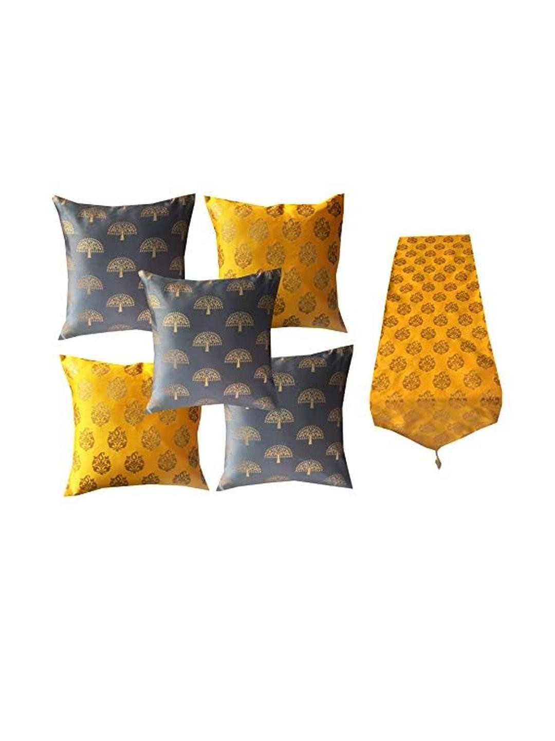 Pink Parrot Yellow 5 Pieces Ethnic Printed Jacquard Silk Cushion Covers & Table Runner