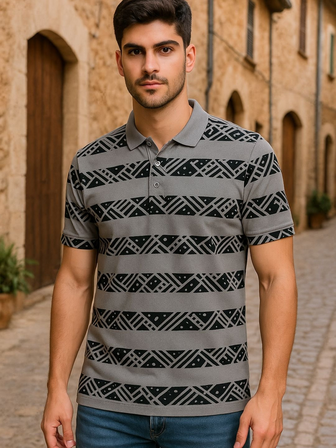 Grey & Black Abstract Polo Collar T-shirt