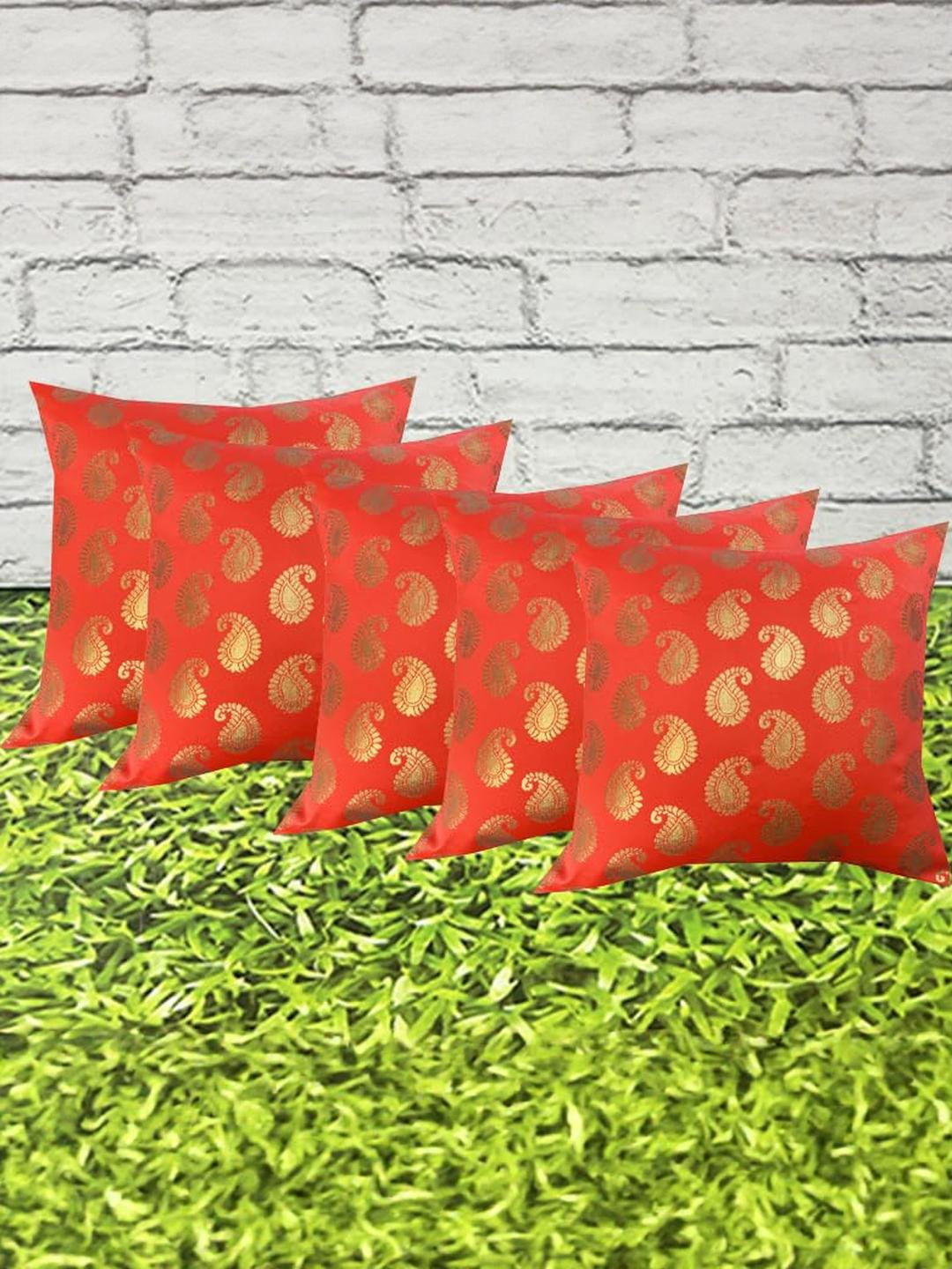 Pink Parrot Pack Of 5 Red & Golden Ethnic Motifs Printed Square Cushion Covers