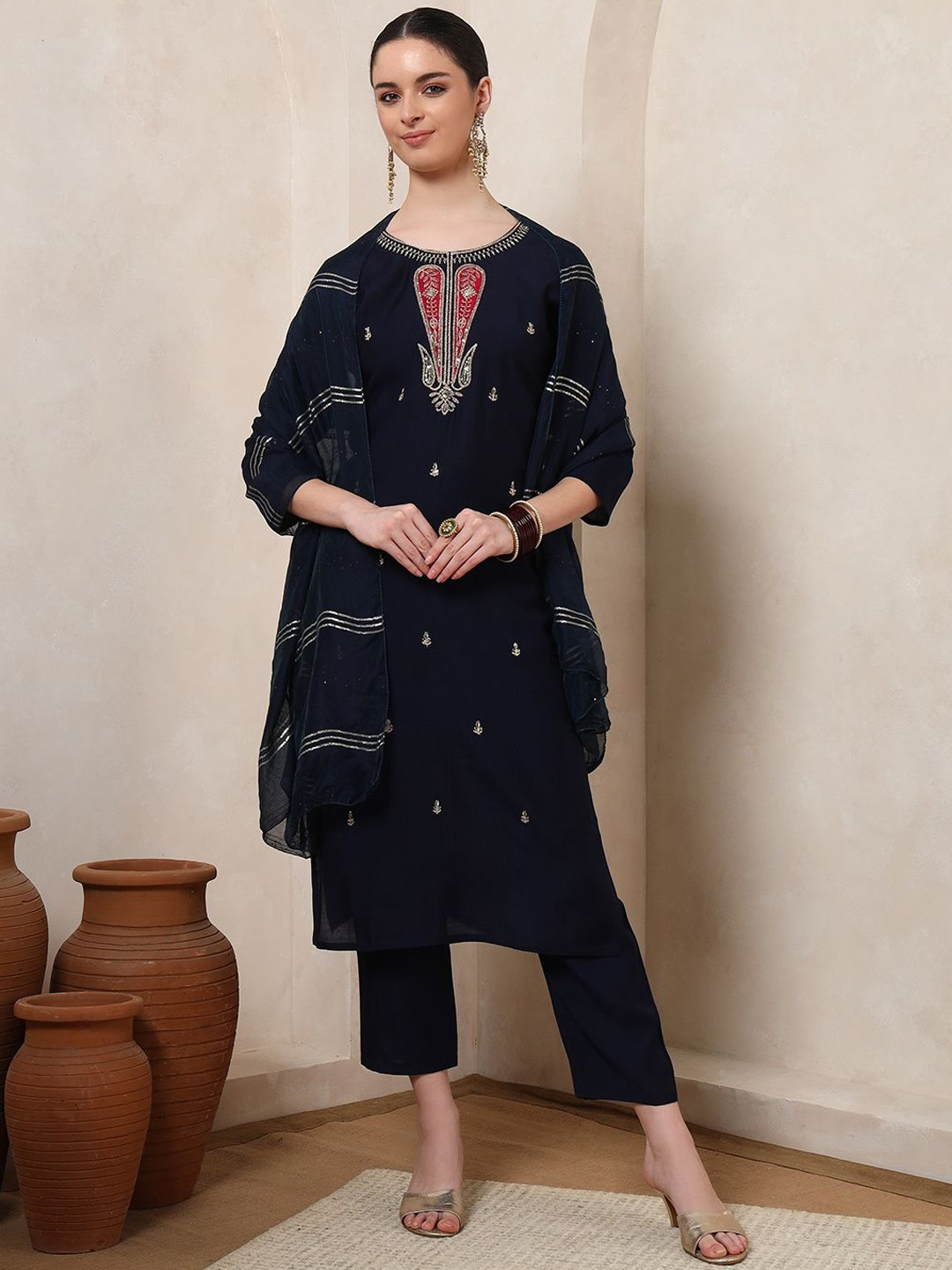 Spera Women Paisley Embroidered Regular Sequinned Kurta with Trousers & With Dupatta