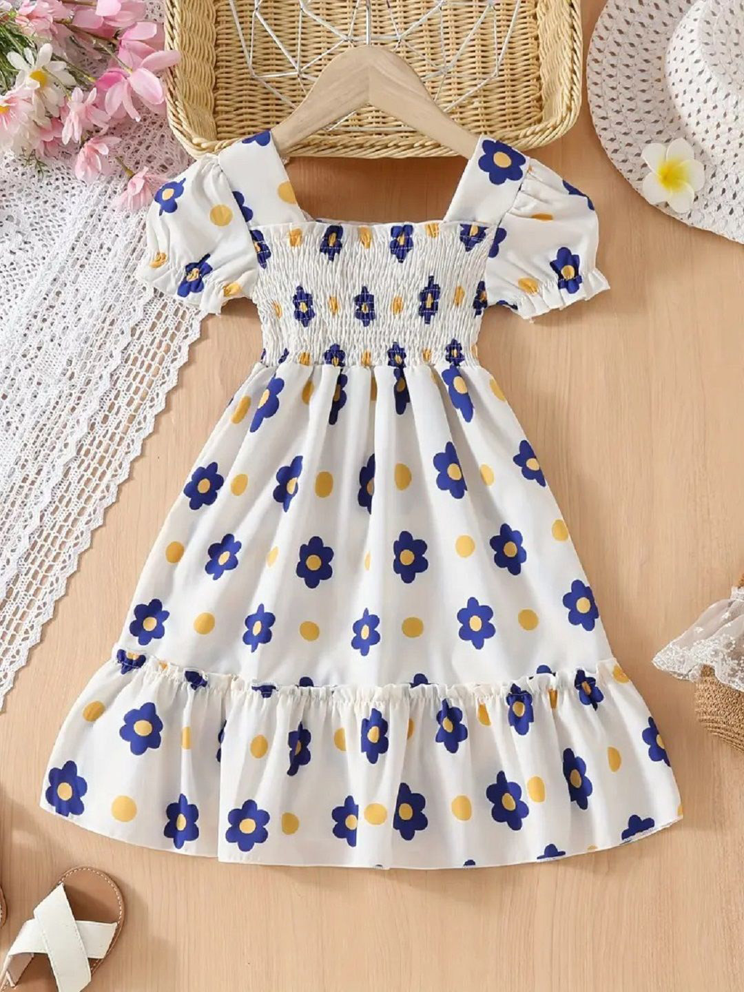 BAESD Girls Floral Printed Puff Sleeve Square Neck Smocked Pure Cotton Fit & Flare Dress