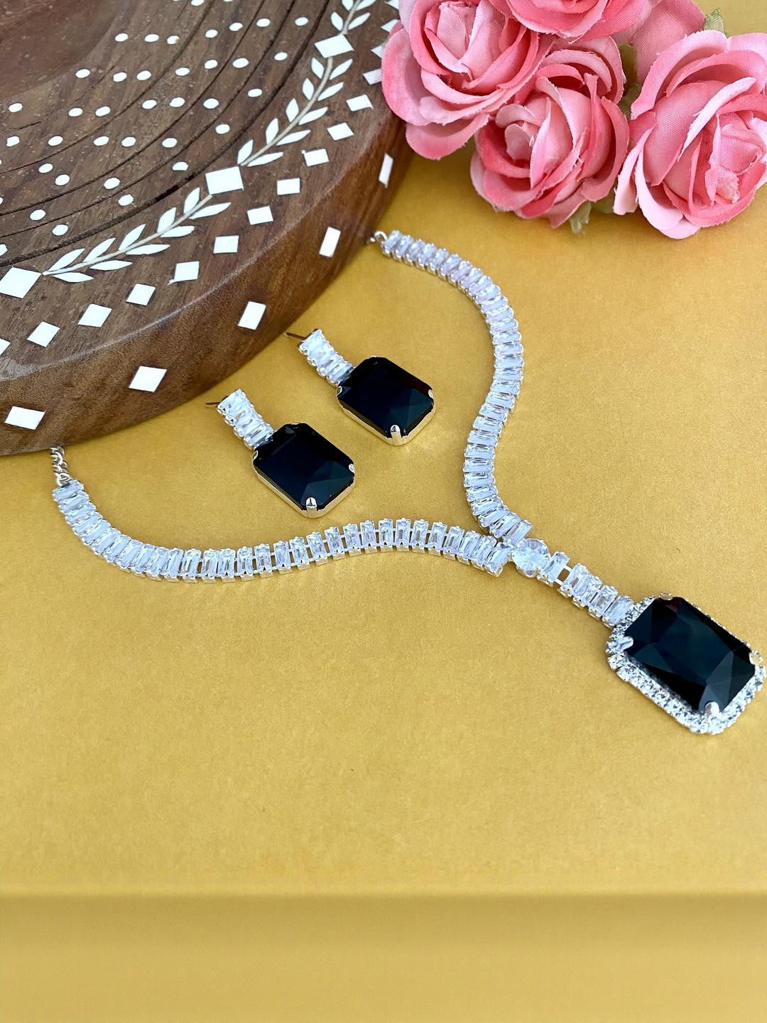 Varnii Silver-Plated Black Stone Necklace & Earrings Set