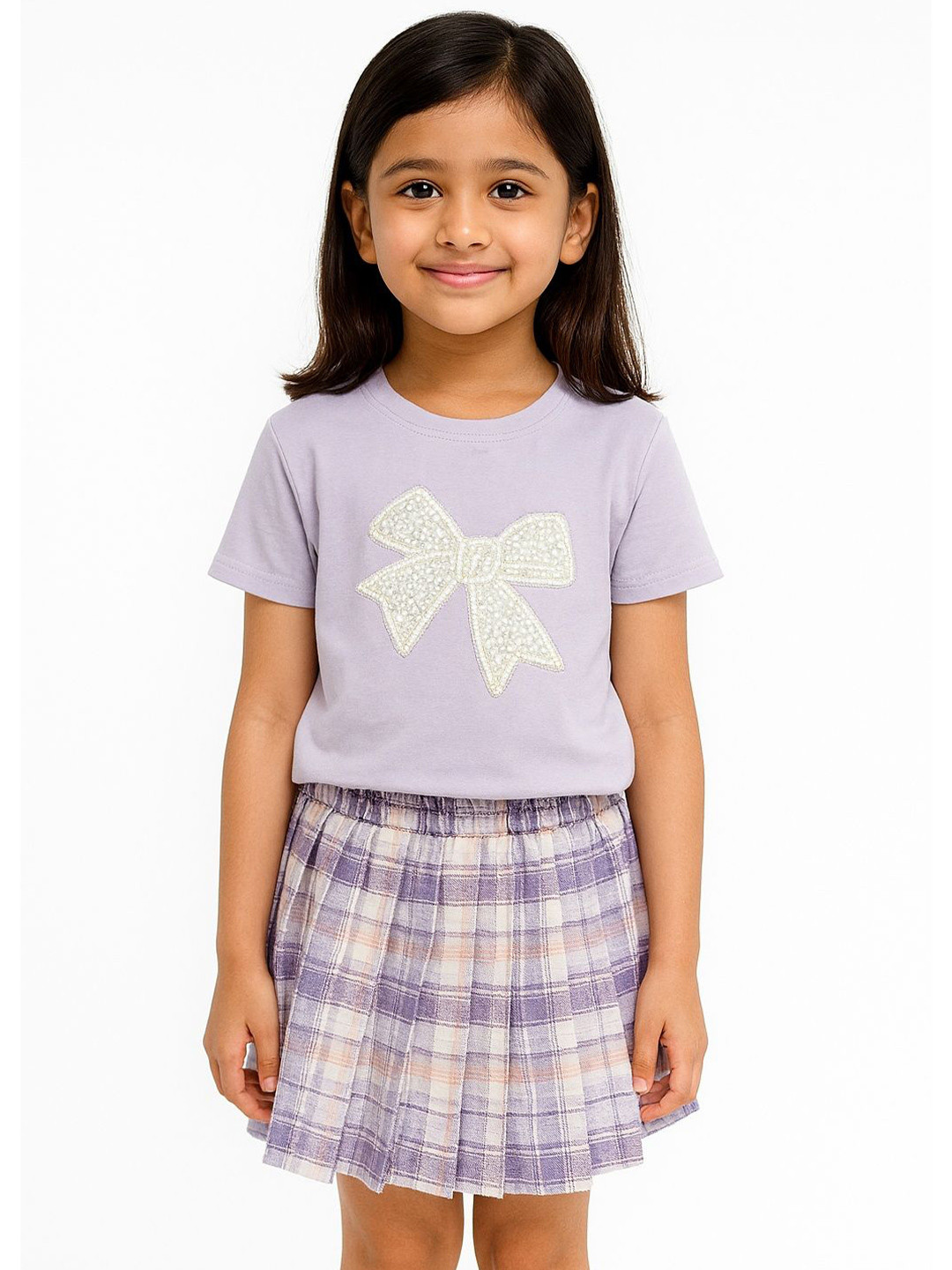 POP STREET KIDS Pearl Bow Twirl Girls Embellished Round Neck T-shirt With Skirt