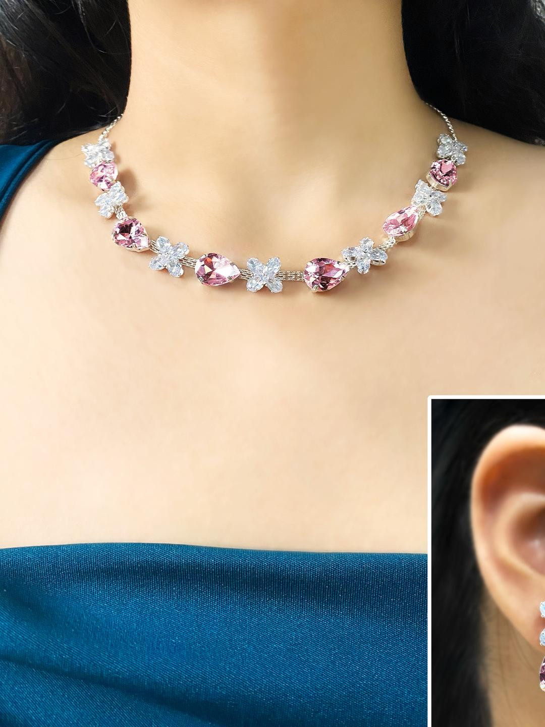 Varnii Silver-Plated Pink Stone Statement Choker Necklace Set