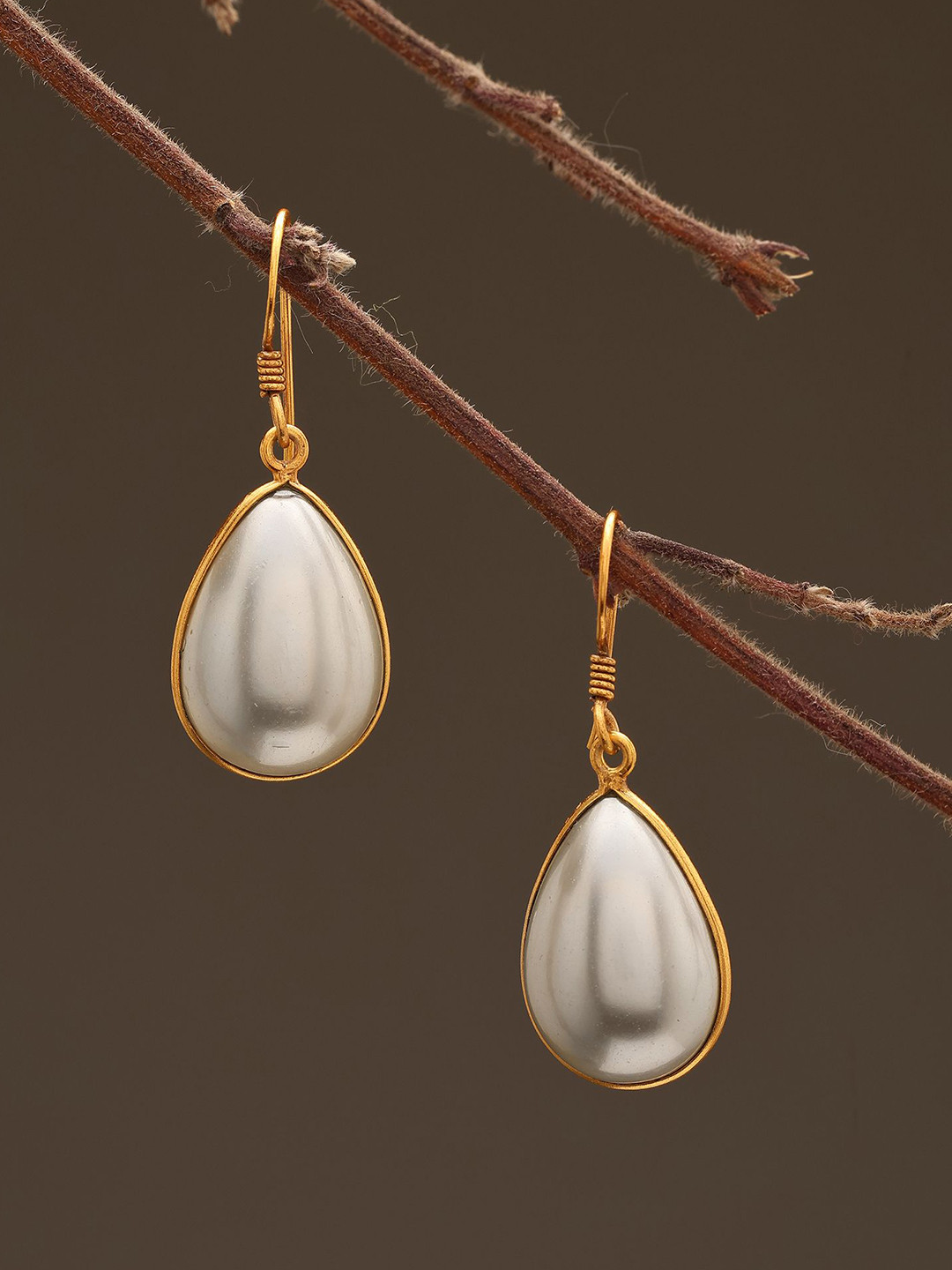 Exotic India Sterling Silver Gold-Plated Pearls Beaded Teardrop Shaped Drop Earrings