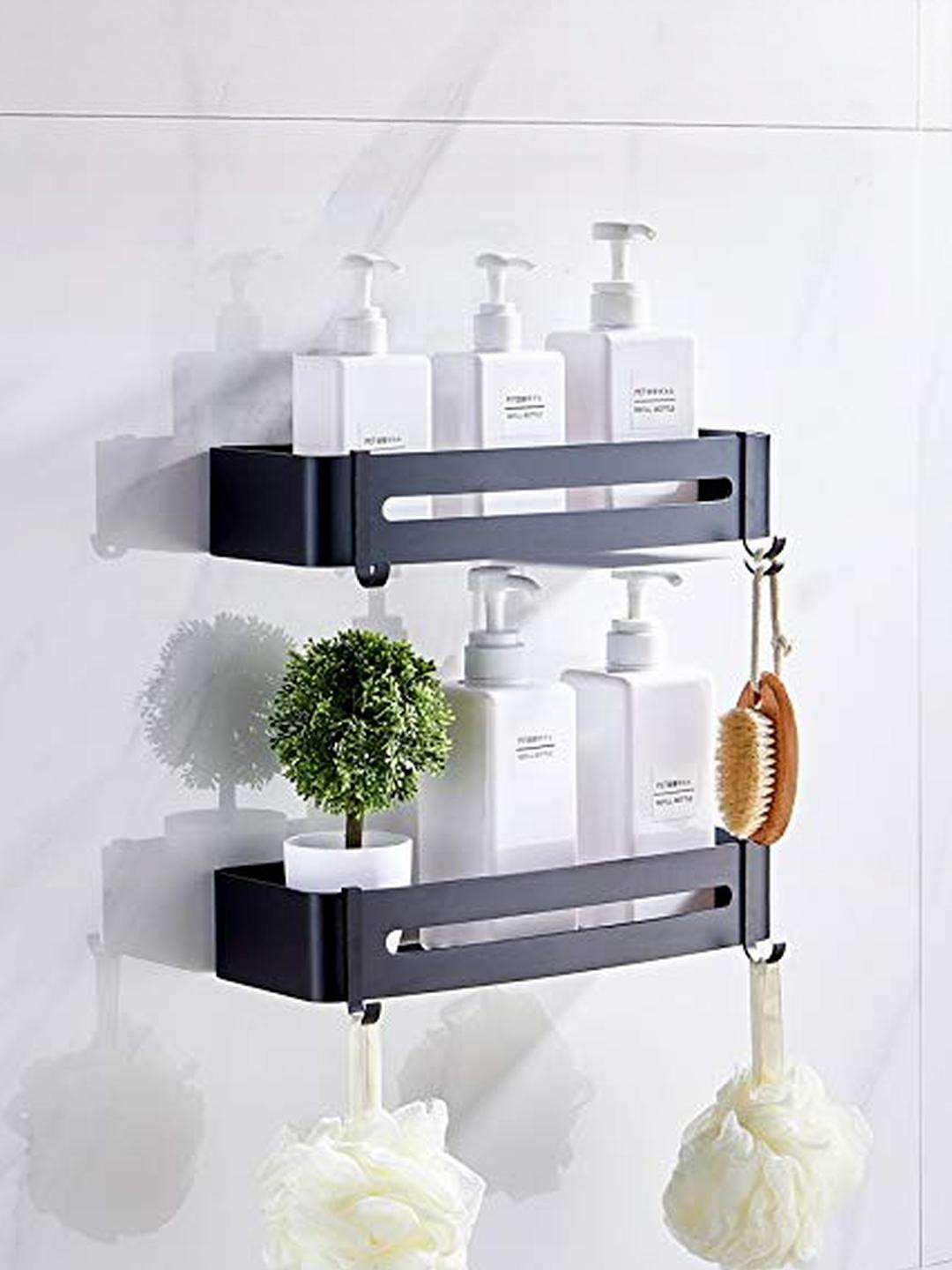 TAGVE Black 2-Tier Shelves Wall Mount Shower Rack