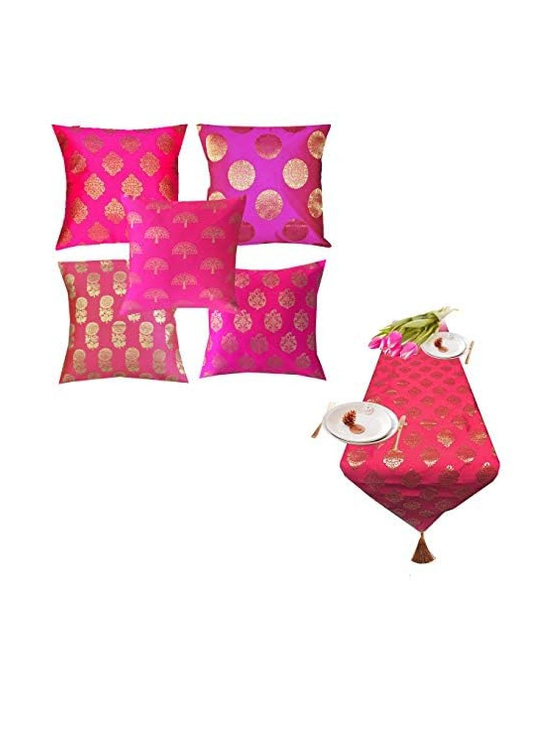 Pink Parrot Jacquard Table Runner with Cushion Covers