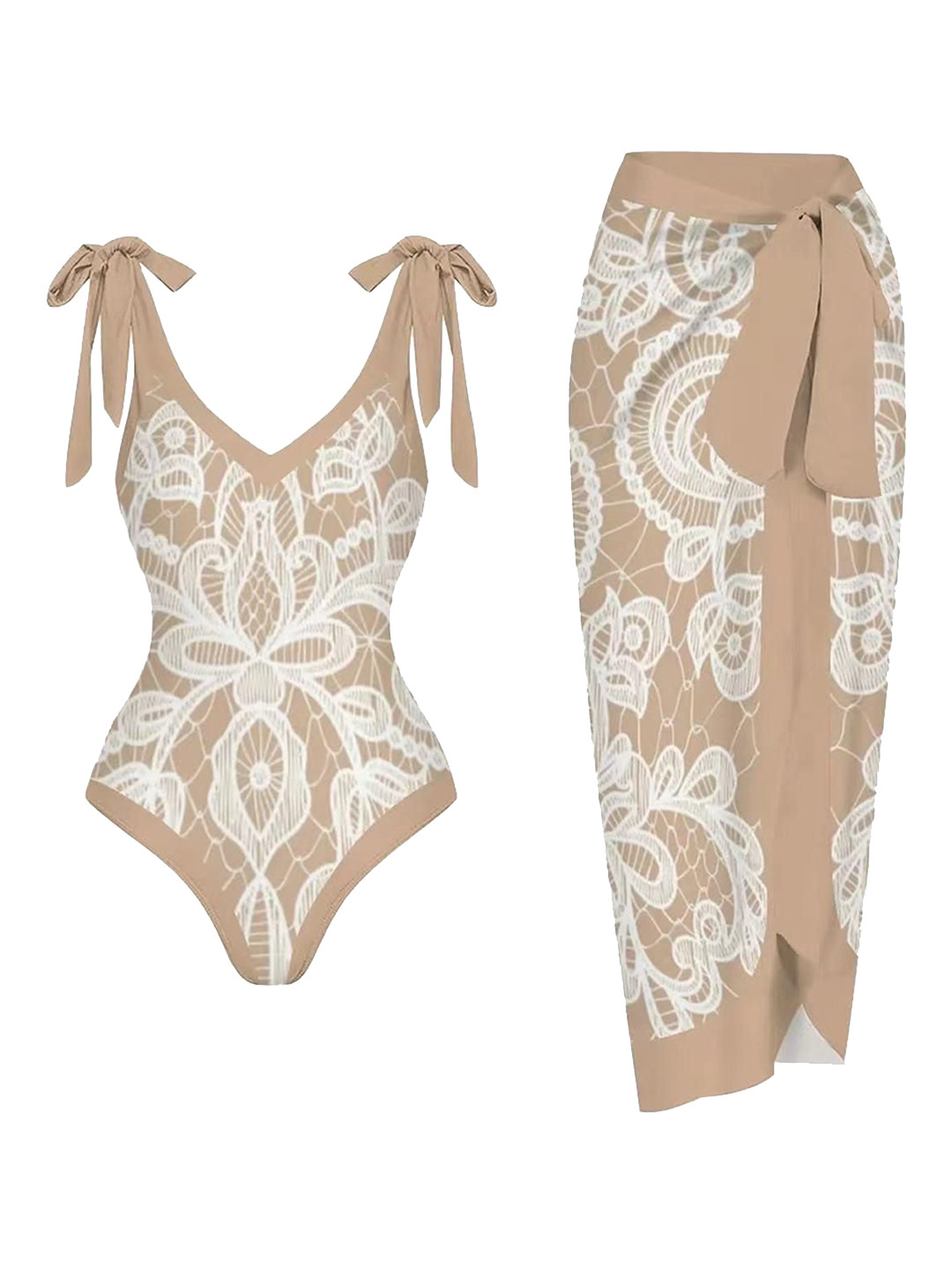 Miss Mosa By Akanksha  Malibu Swimsuit With Sarong In Beige