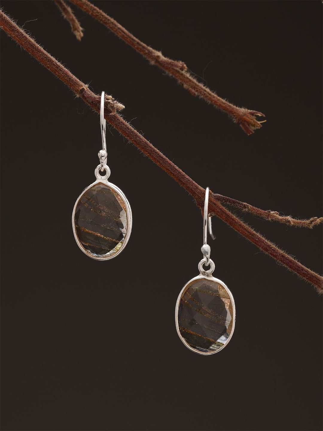 Exotic India Sterling Silver Faceted Crystals Oval Drop Earrings