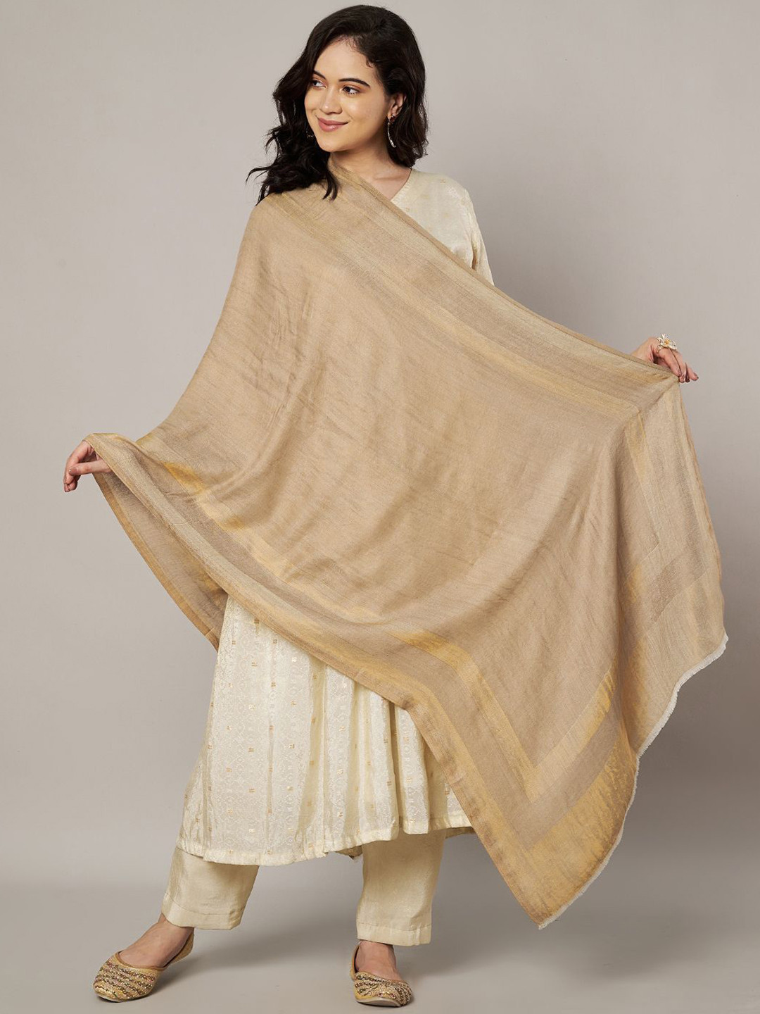 MUFFLY Women Zari Twilight Reversible Wool Stole with Antique Gold Border