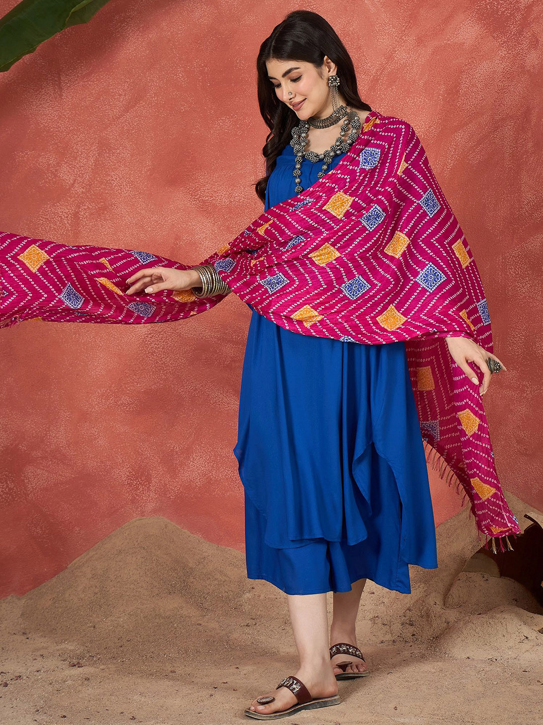 InWeave Pleated V-Neck A-Line Fusion Kurta With Palazzos & Dupatta