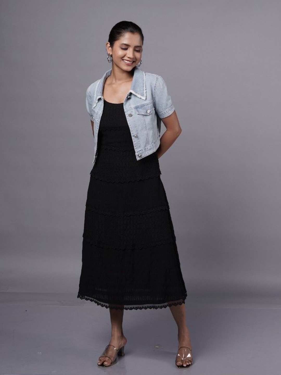 French Theory Women Textured A-Line Midi Dress With Denim Jacket