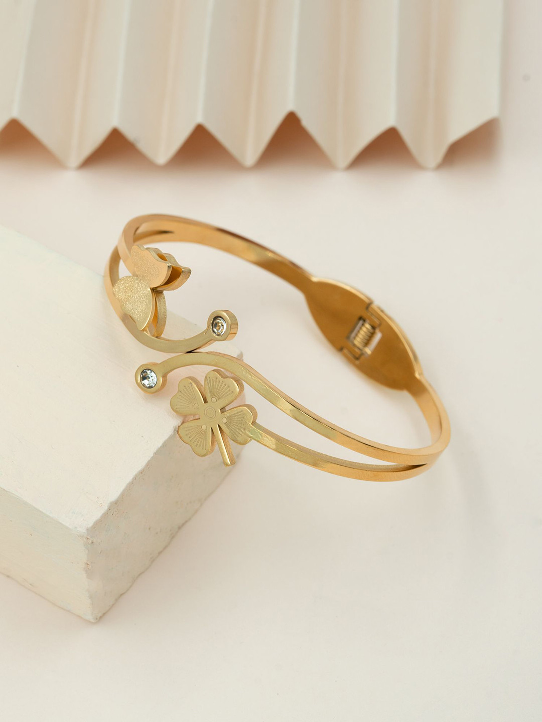 ARTKLIM Stainless Steel Gold-Plated Stones Studded Lucky Charm Bangle-Style Bracelet