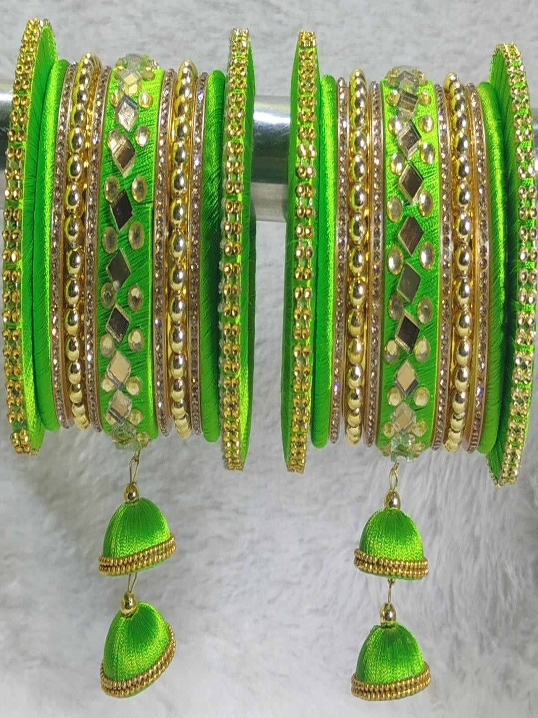 Nisha Jewellers Lime Green Thread Artificial Beads Bangles
