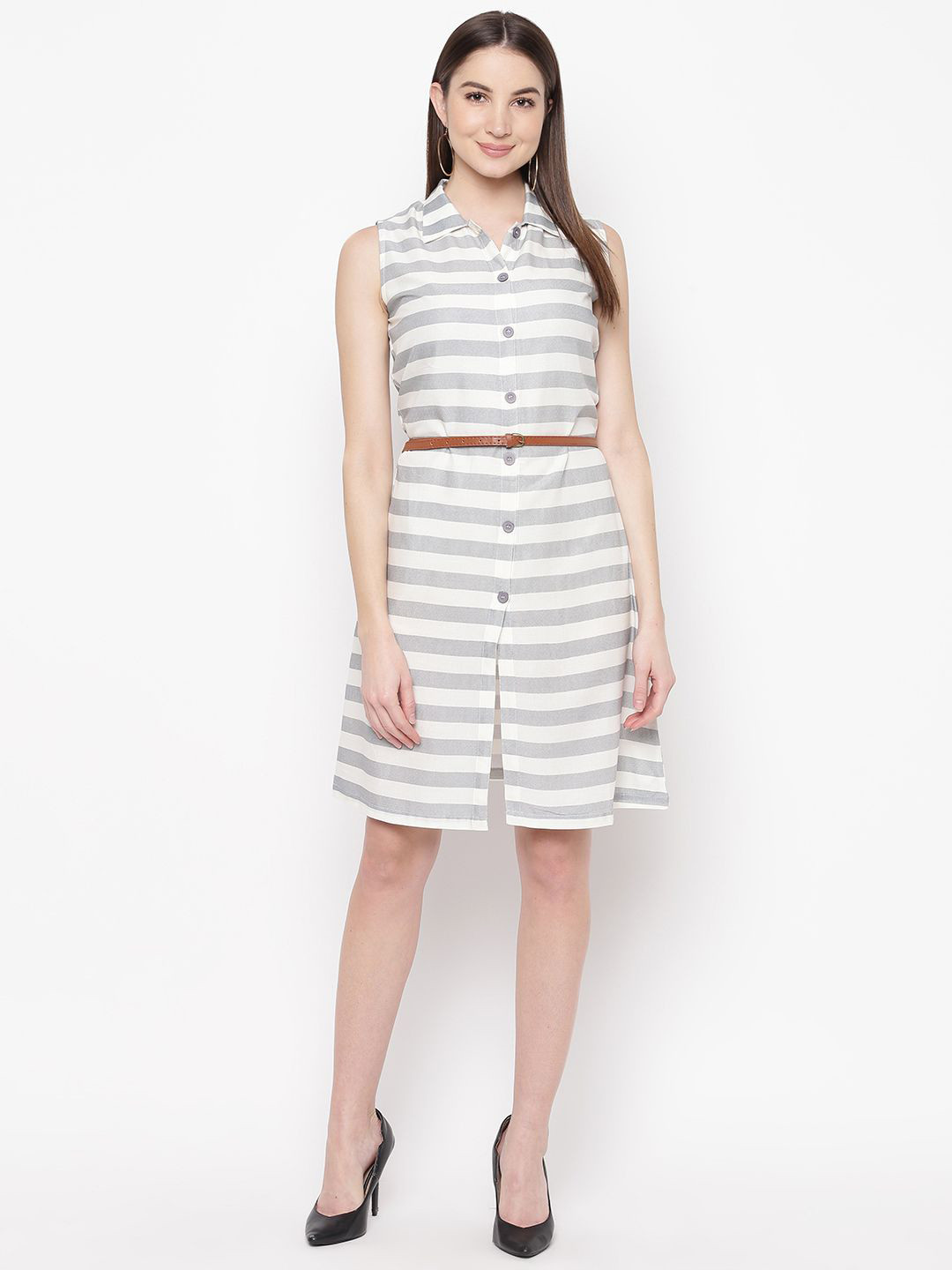 DressBerry Striped Shirt Collar Belted Shirt Dress