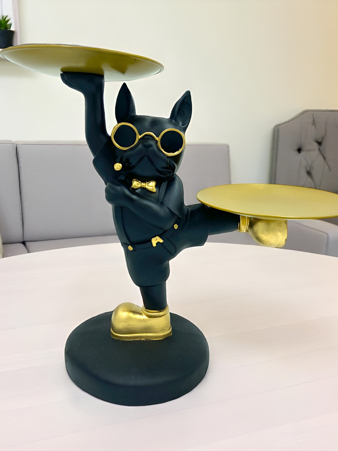 SkyKey Black Figurine Dancing Bulldog Buttler with Utility Tray Showpiece