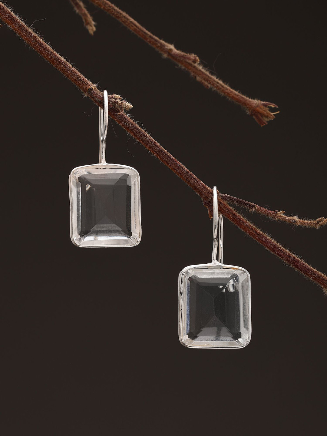 Exotic India Sterling Silver Square Faceted Crystal Drop Earrings