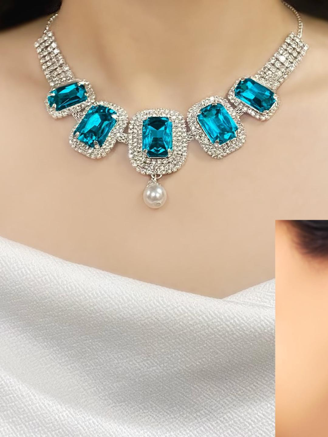 Varnii Silver-Plated Sky blue Stone Statement Choker Necklace Set with Earrings