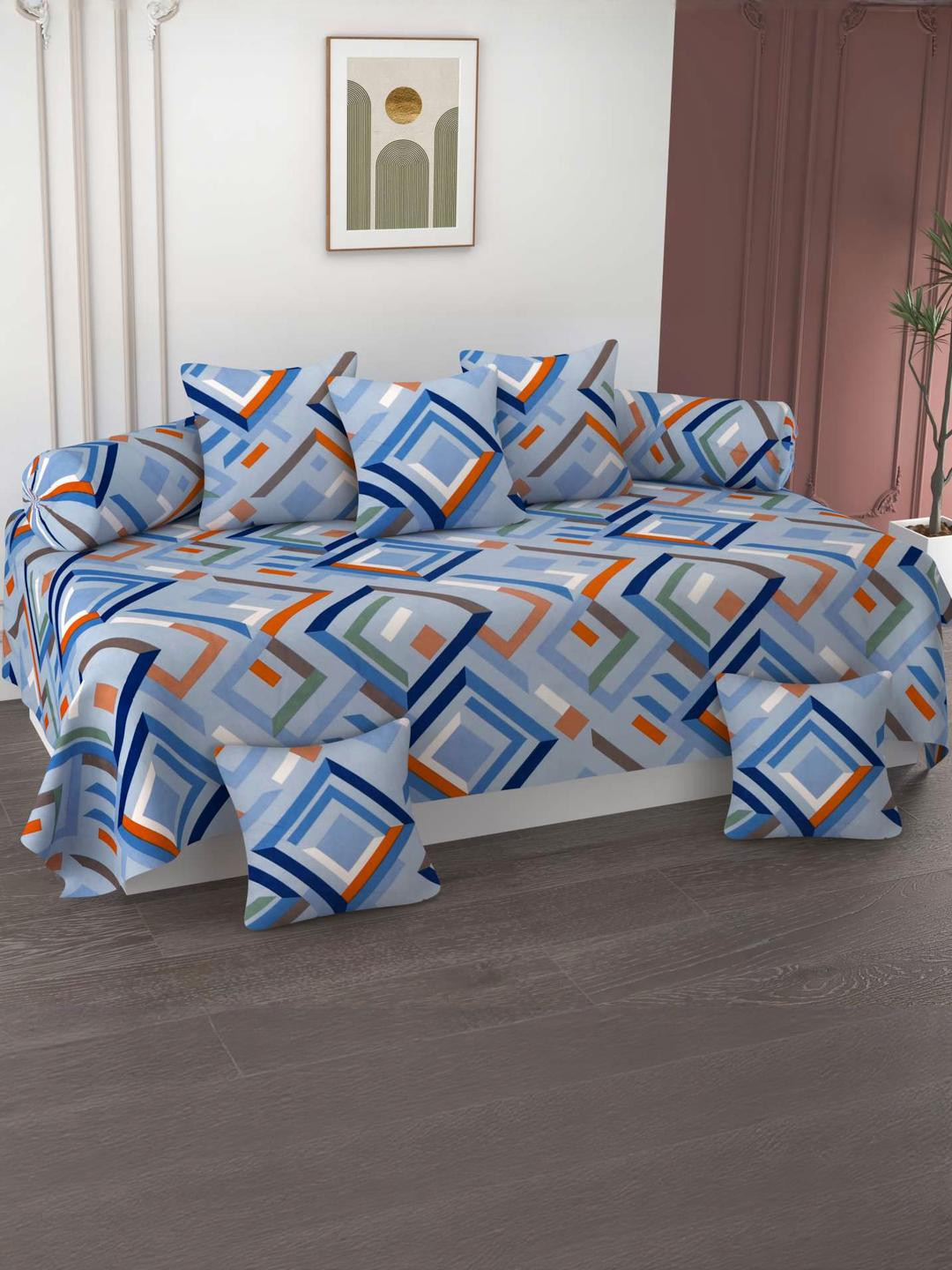 HIYANSHI HOME FURNISHING Blue & Multi Coloured Cotton 8-Pieces Diwan Set