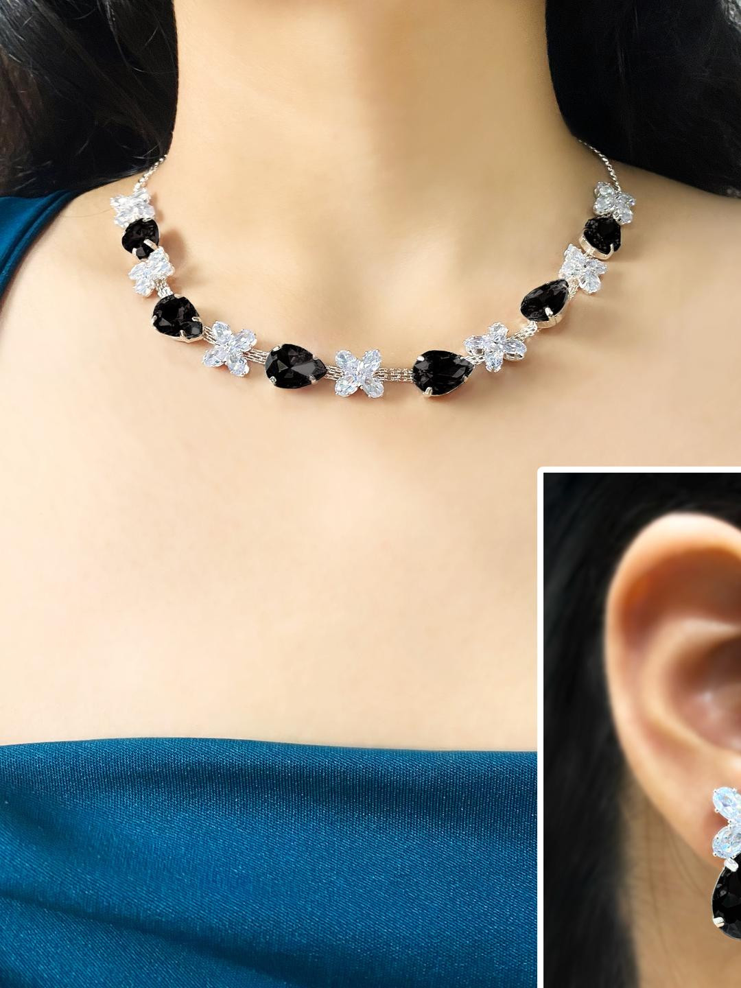 Varnii Silver plated Black stone Necklace Set with Earrings