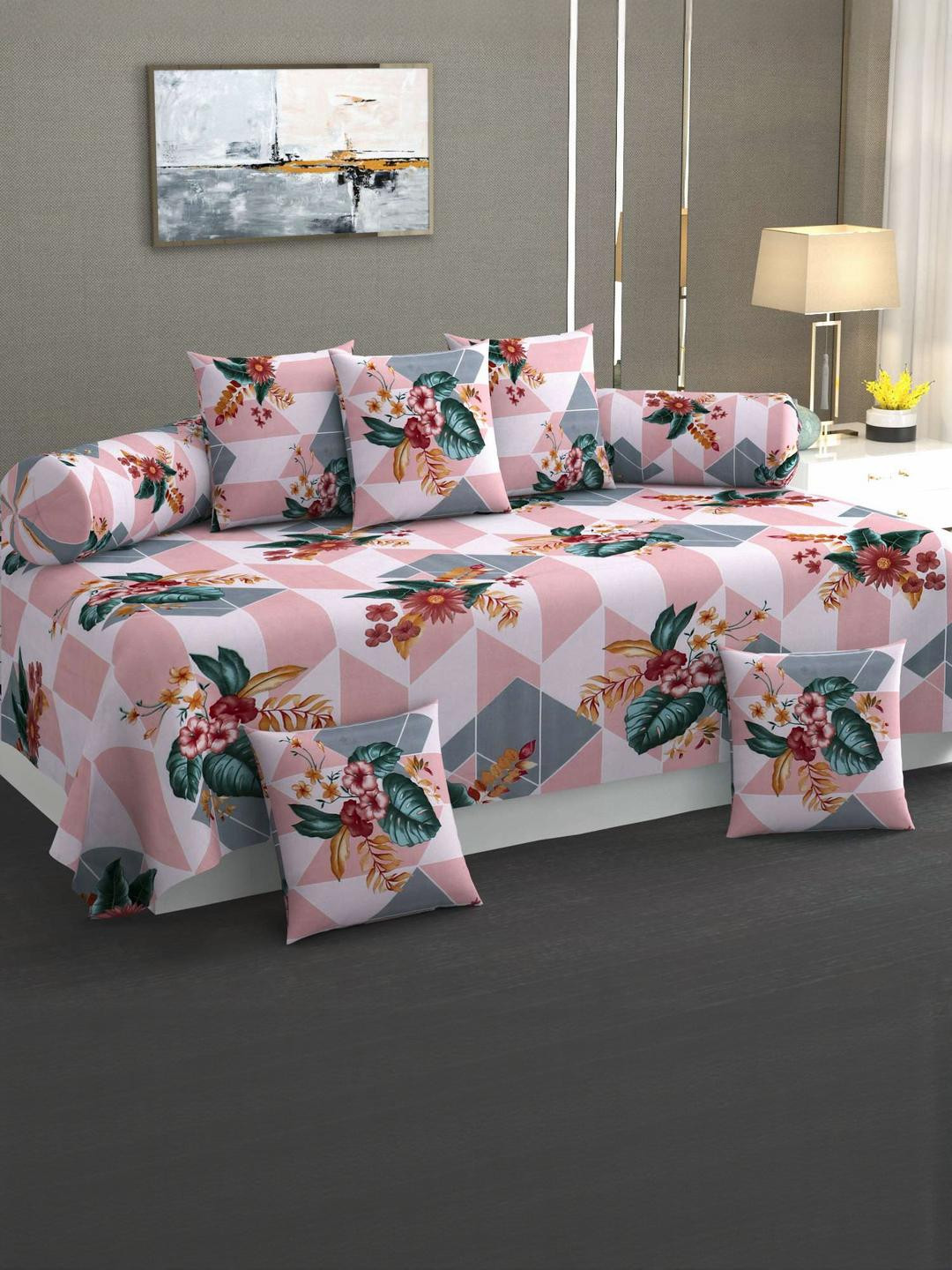 Hiyanshi Home Furnishing 8-Piece Diwan Set1 Bedsheet 5 Cushion Covers 2 Bolster Covers