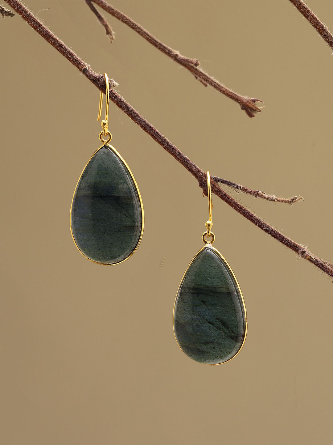Exotic India Gold-Plated Labradorite Teardrop Shaped Drop Earrings