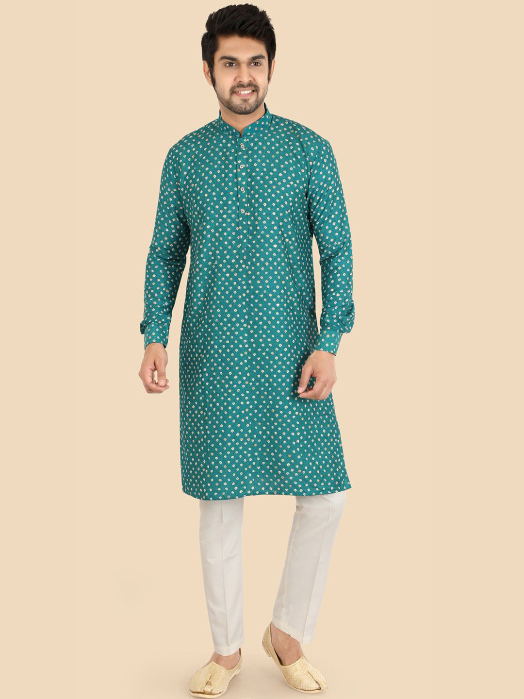 Ethniks Neu-Ron Bandhani Printed Mandarin Collar Pure Cotton Kurta With Pyjamas