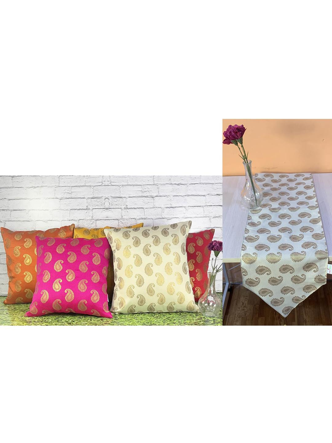 Pink Parrot Jacquard silk table runner and cushion covers