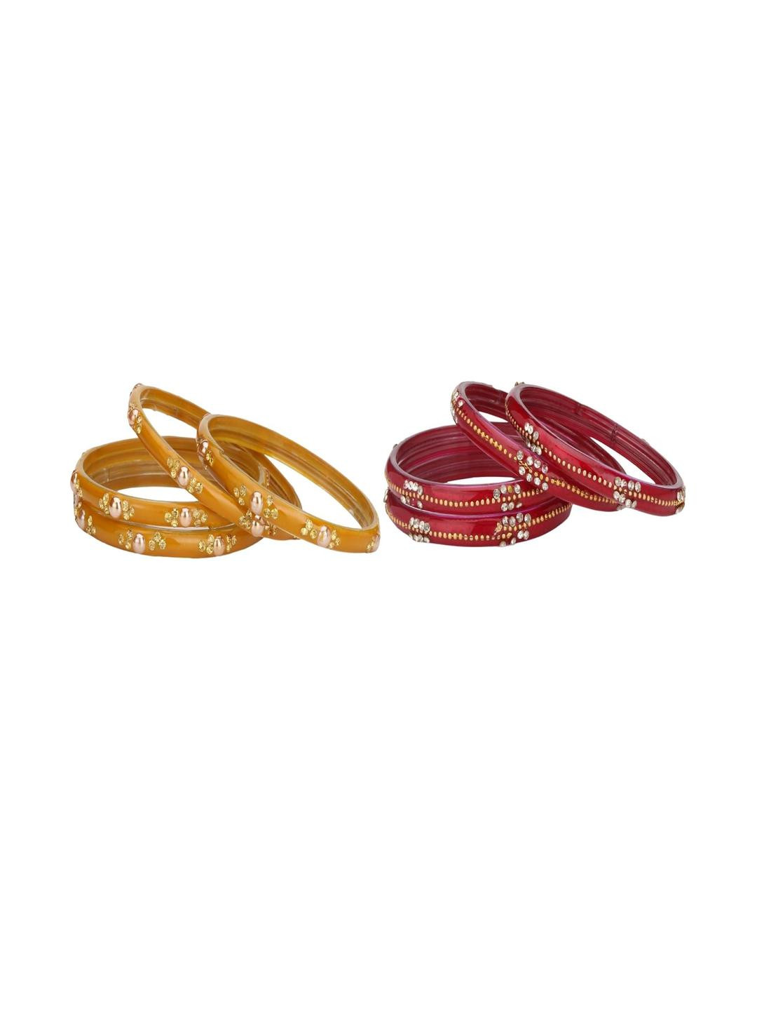 SOMIL Set of 8 Women Red & Yellow Artificial Stones and Beads Bangles