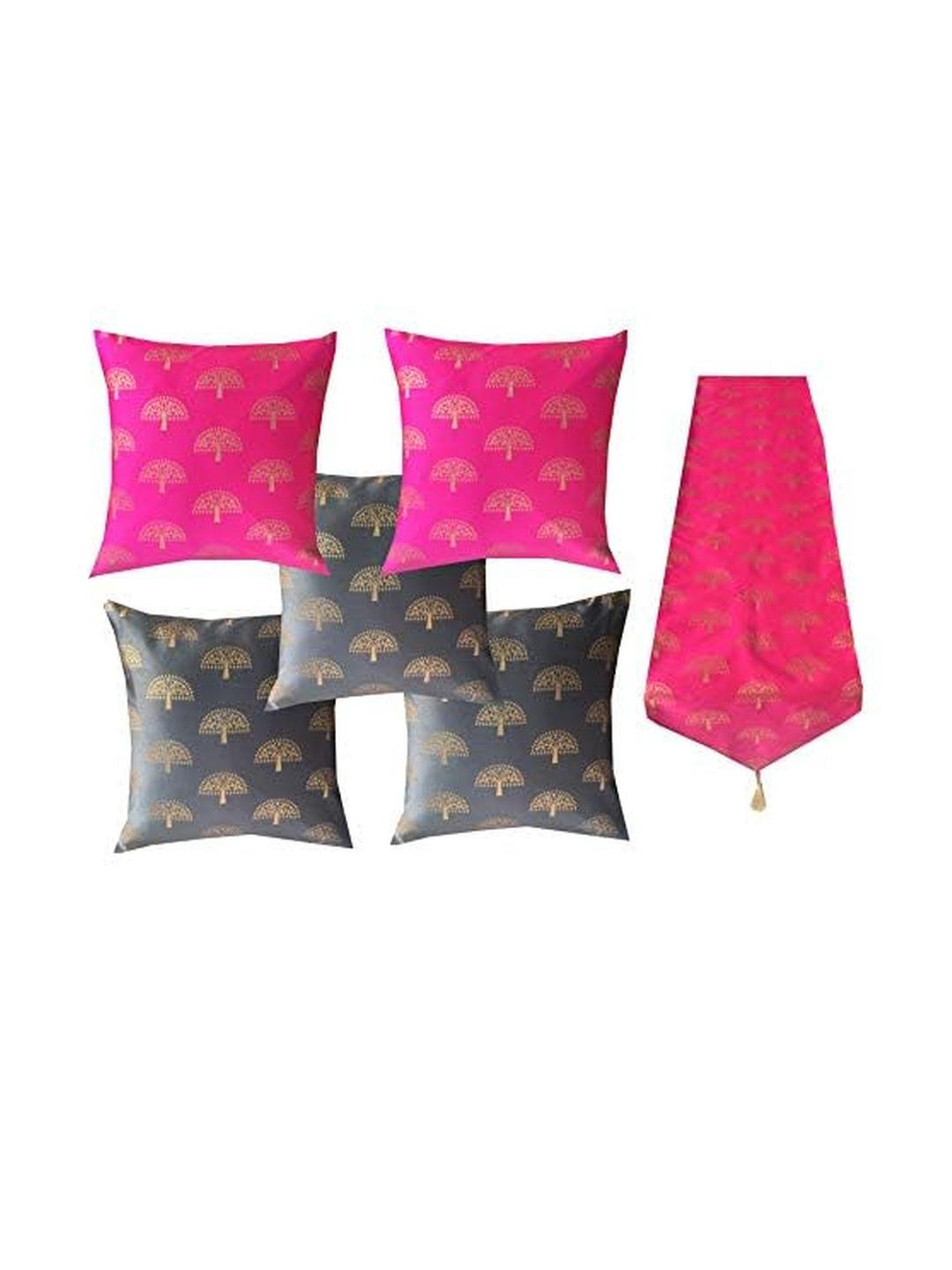 Pink Parrot Grey 5 Pieces Ethnic Printed Jacquard Silk Cushion Covers & Table Runner