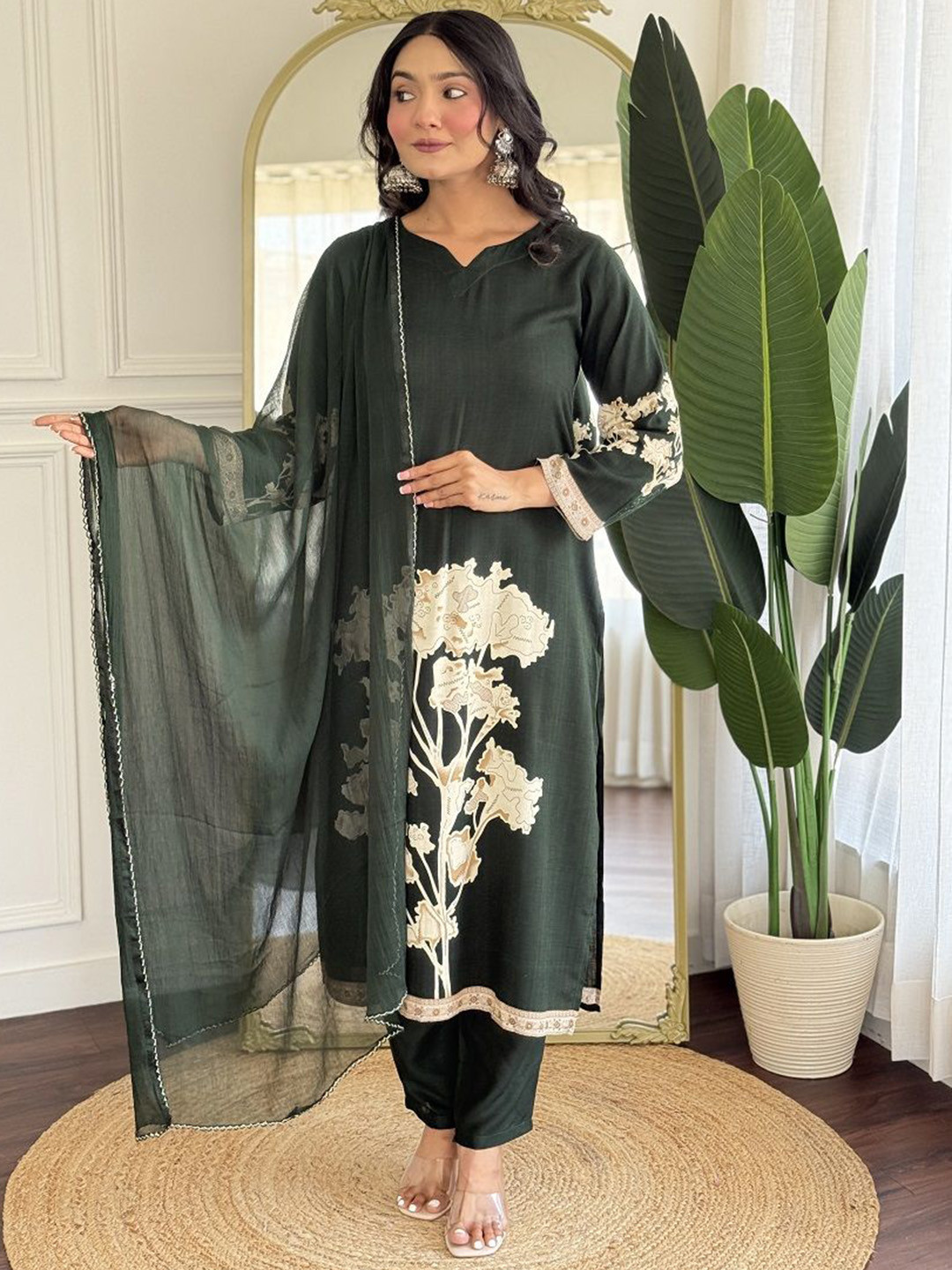 S.K.C Floral Printed Notch Neck Straight Kurta With Trousers & Dupatta