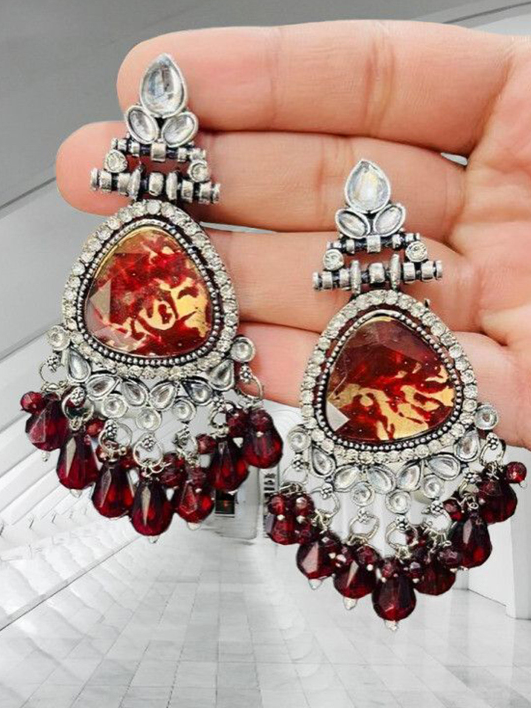 OPUS GEMS Artificial Stones Studded & Beaded Teardrop Shaped Drop Earrings