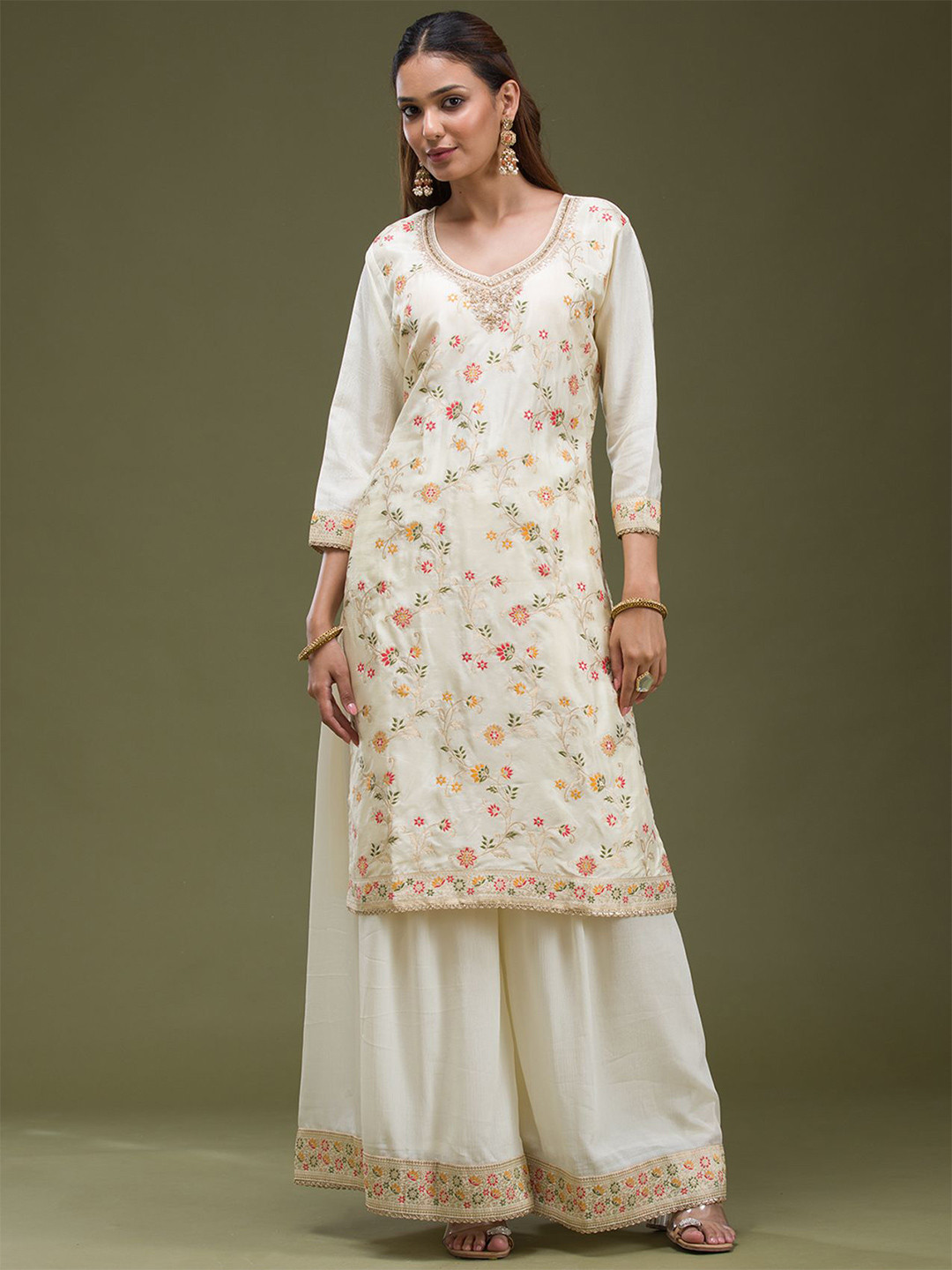 Koskii Women Off White Cording Dola Silk Readymade salwar suit