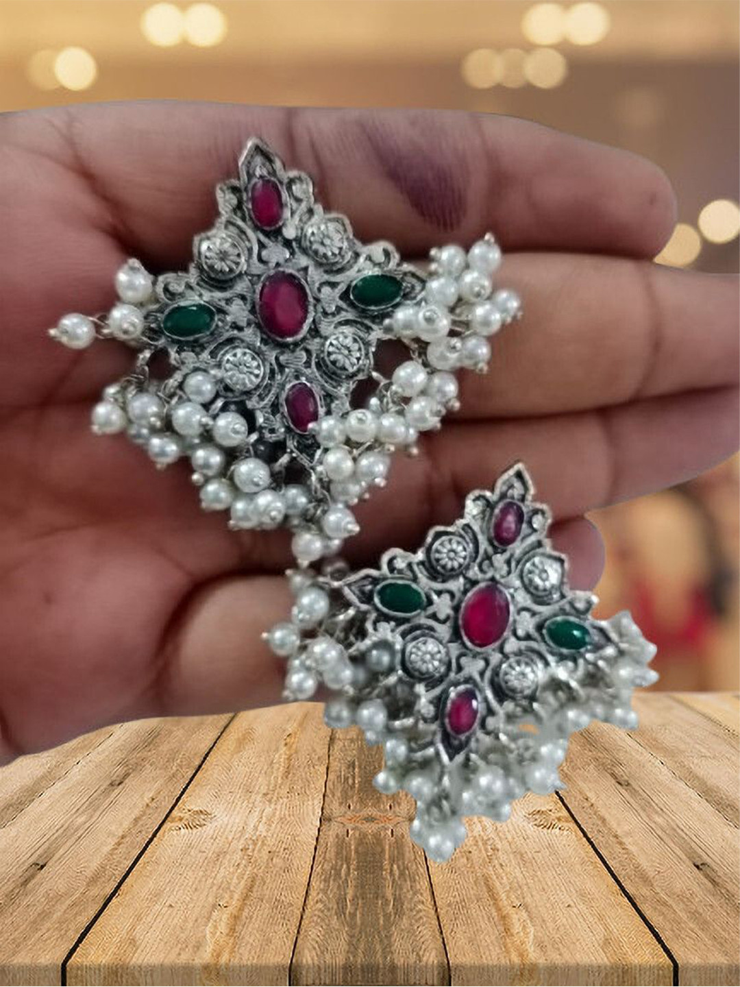 OPUS GEMS Artificial Stones Studded & Beaded Oxidised Oval Shaped Studs