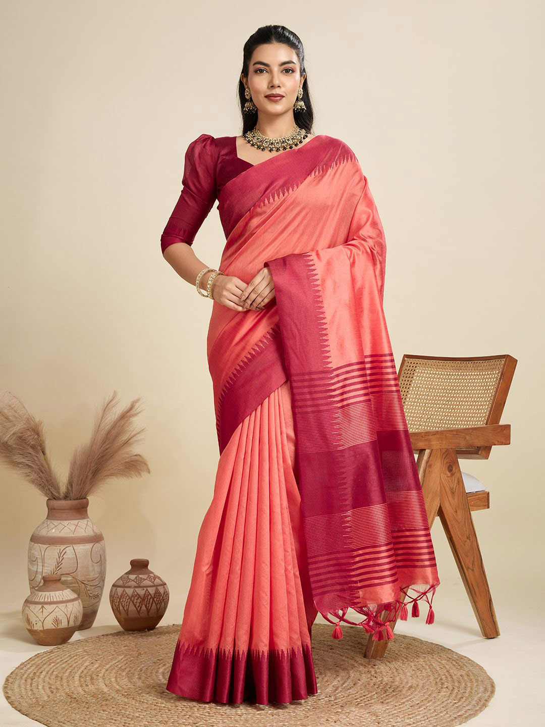 VISHNU WEAVES Solid Contrast Temple Border Raw Silk Saree with Striped Zari Woven Detail