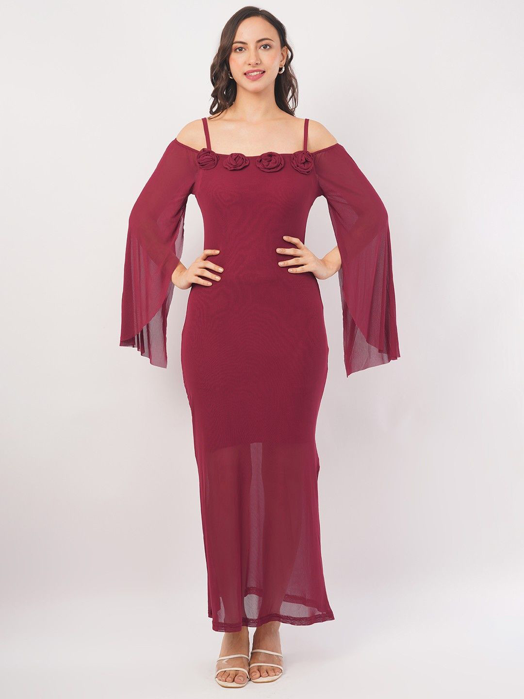 Deshi Girl Off-Shoulder Flared Sleeve Fit & Flare Maxi Dress