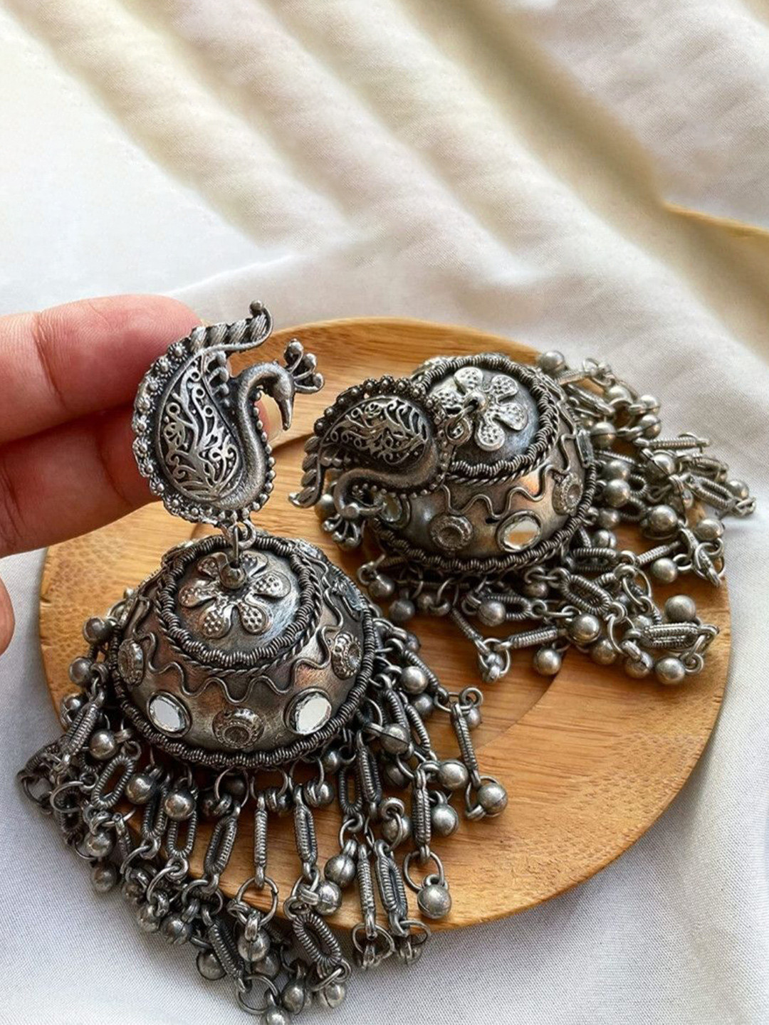 OPUS GEMS German Silver Artificial Stones Studded Dome Shaped Oxidised Jhumkas