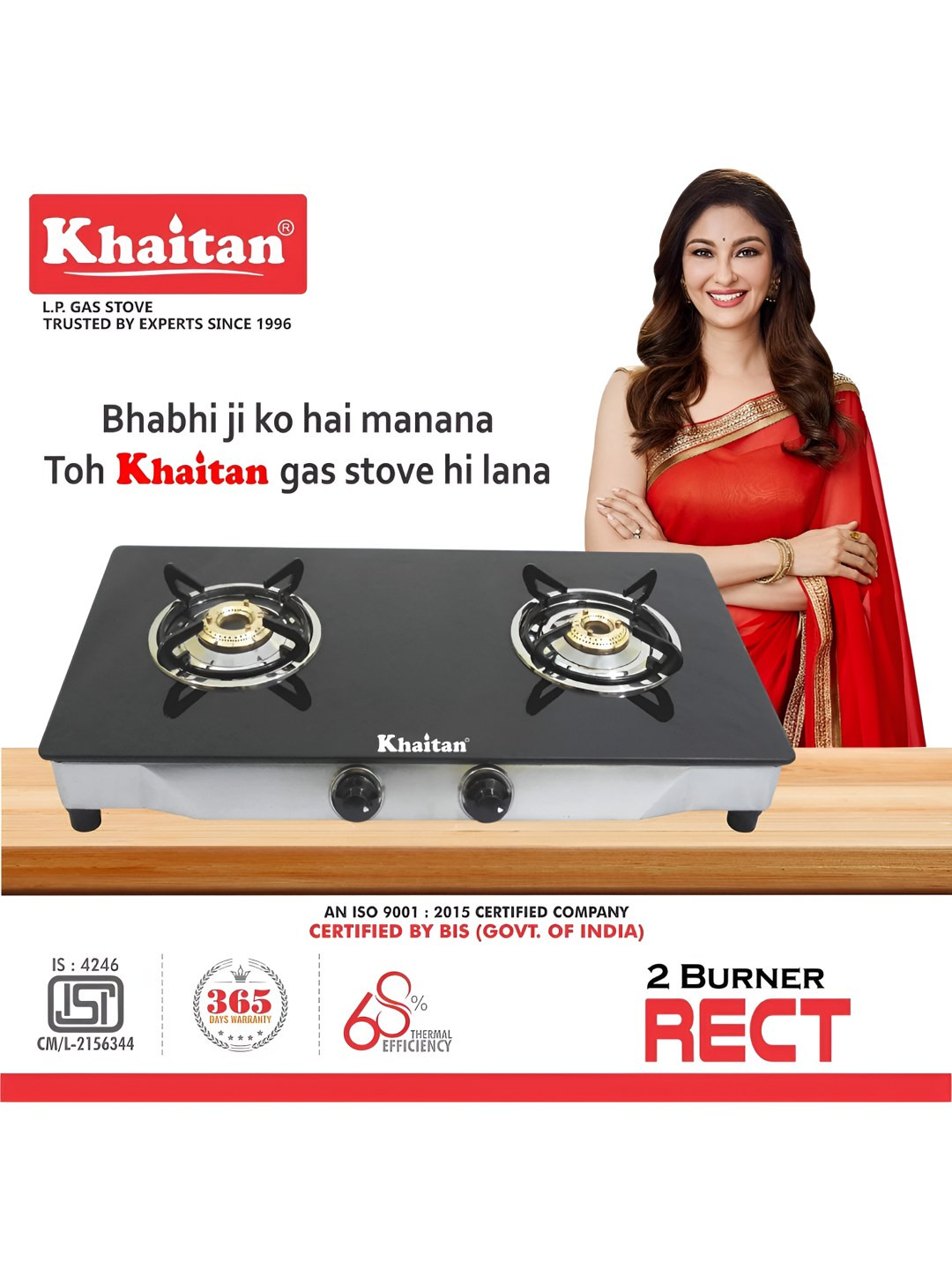 Khaitan  2 Burners RECT SS Glass Manual Gas Stove